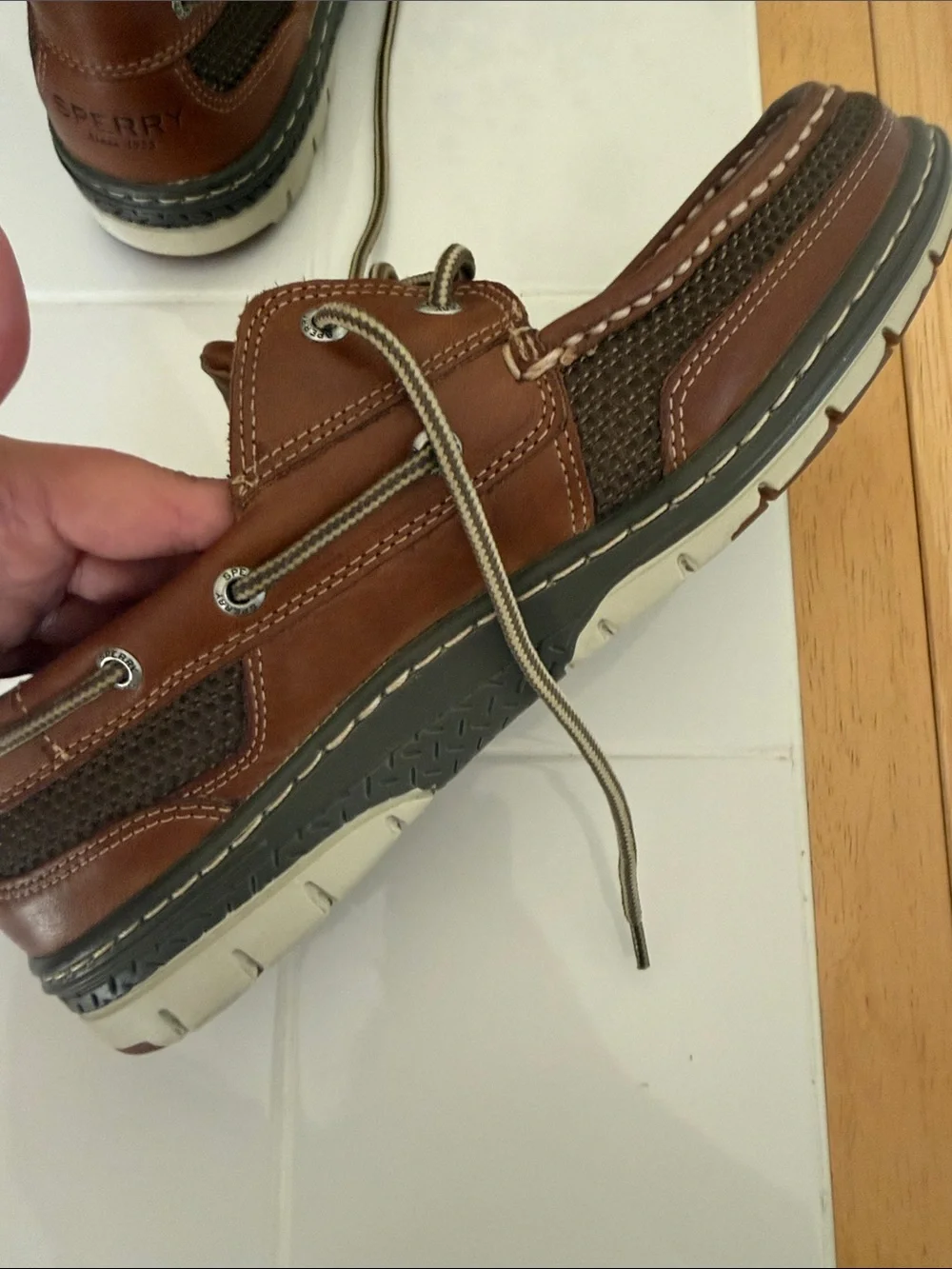 Sperry Men’s Leather Top-Sider Boat Shoes Dark Brown with Gray and Beige